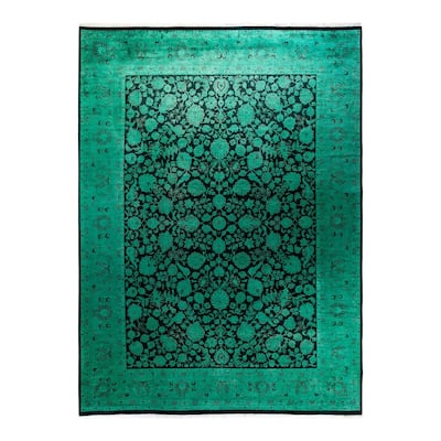 Overton Hand Knotted Wool Vintage Inspired Modern Contemporary Overdyed Green Area Rug - 9' 0" x 12' 1"