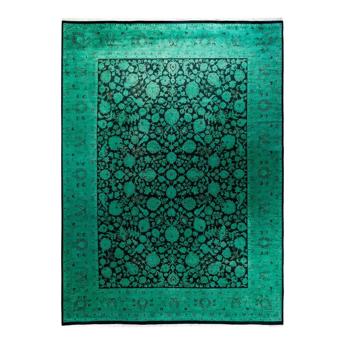 Overton Hand Knotted Wool Vintage Inspired Modern Contemporary Overdyed Green Area Rug - 9' 0" x 12' 1"
