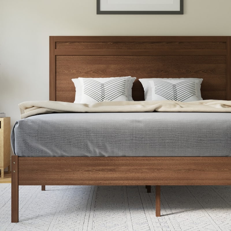 Modern Solid Wood Platform Bed with Headboard and Wooden Slats