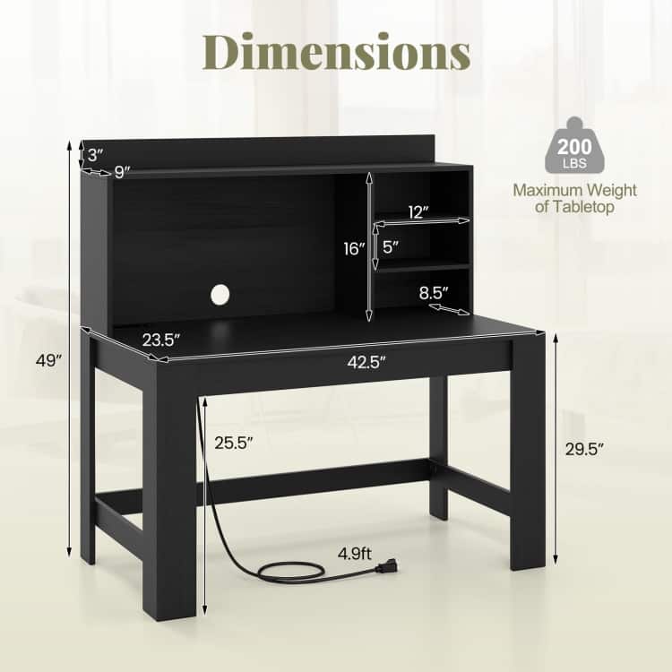 Modern White Computer Desk with Hutch & Charging Station 42.5'' MDF Workstation with USB