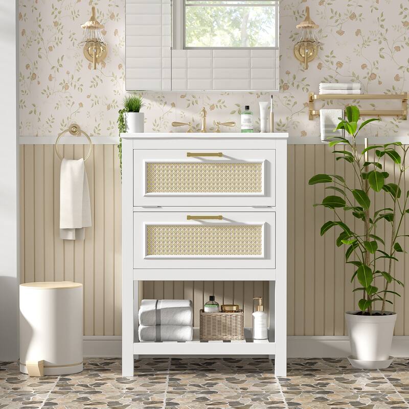 24" Bathroom Vanity with Ceramic Sink - Cabinet with 1 Deep Drawer & Tip-Out Drawer for Small/Medium Bathrooms