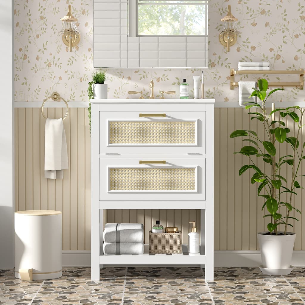 Anmytek 24 Inch Bathroom Vanity with Integrated Ceramic Sink and Storage Drawers for Small Medium Bathrooms