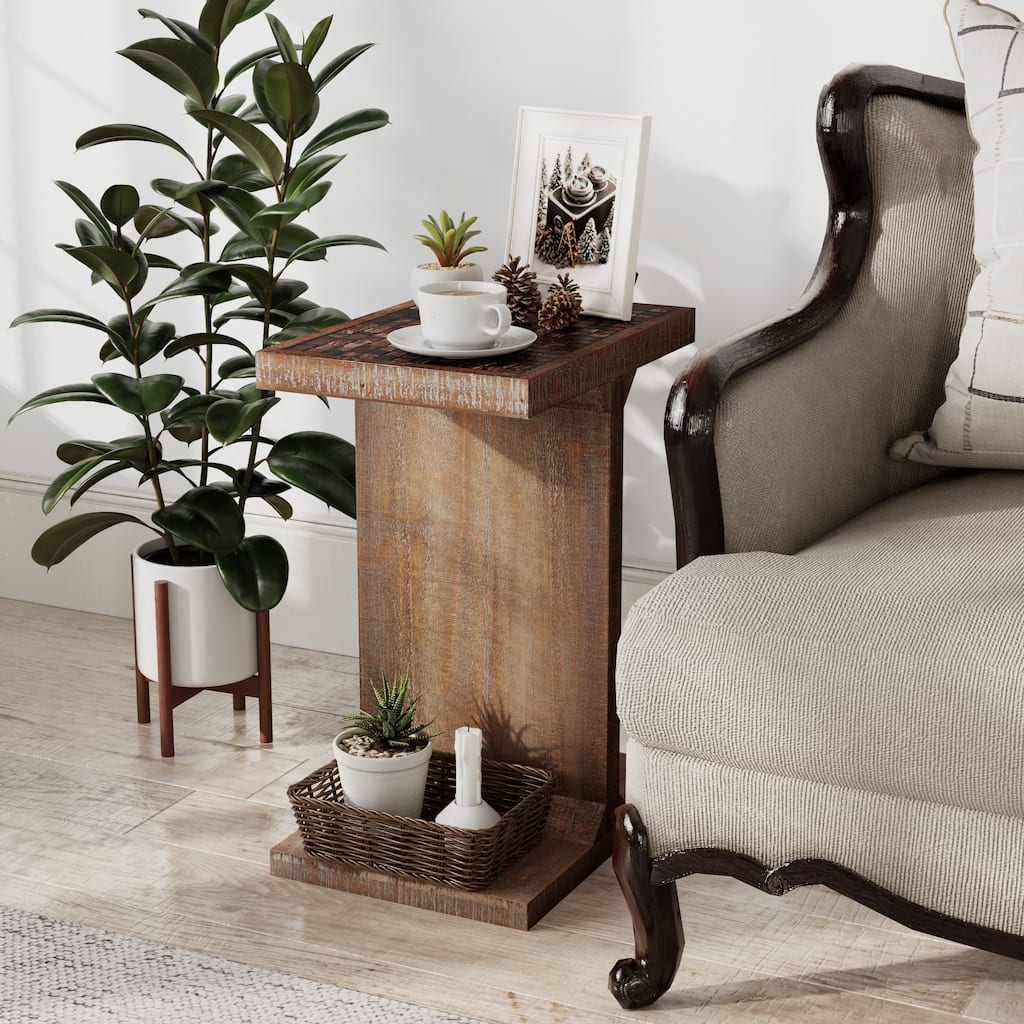 COZAYH Transitional Wood End Table with Glass Tile Checkerboard Top, Retro-Inspired Nightstand with I-Base and Weathered Finish