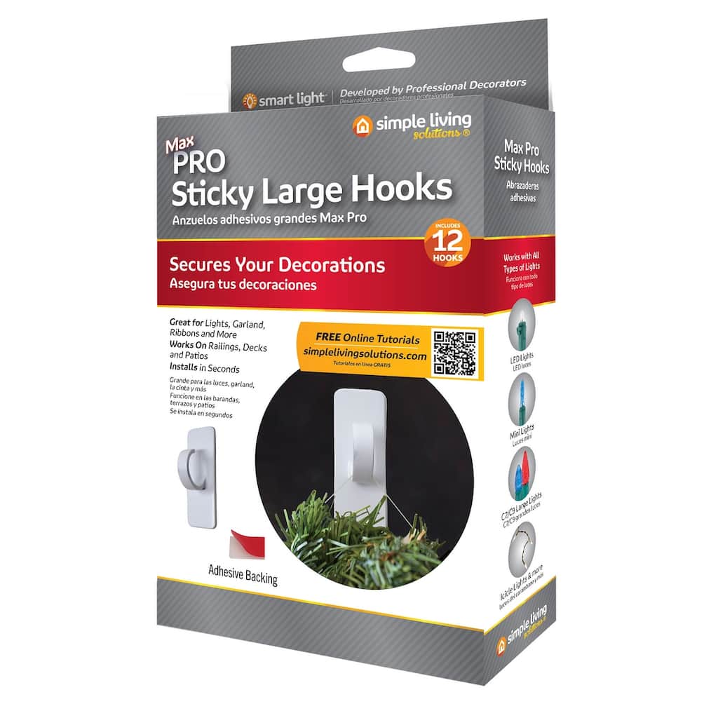 Large Sticky Clip Hooks for Hanging Christmas Decorations and Lights - 2" - Set of 12