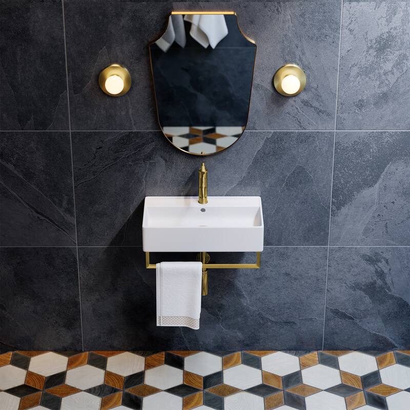 Reims 22" Wall-Mount Bathroom Sink With Brushed Gold Towel Bar - 22.05" x 12.4" 5.3"