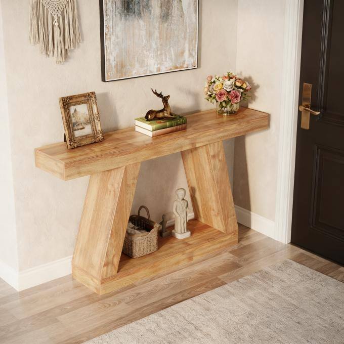 55-Inch Wooden Console Table with Storage, Farmhouse Sofa Table Entryway Table for Hallway, Living Room