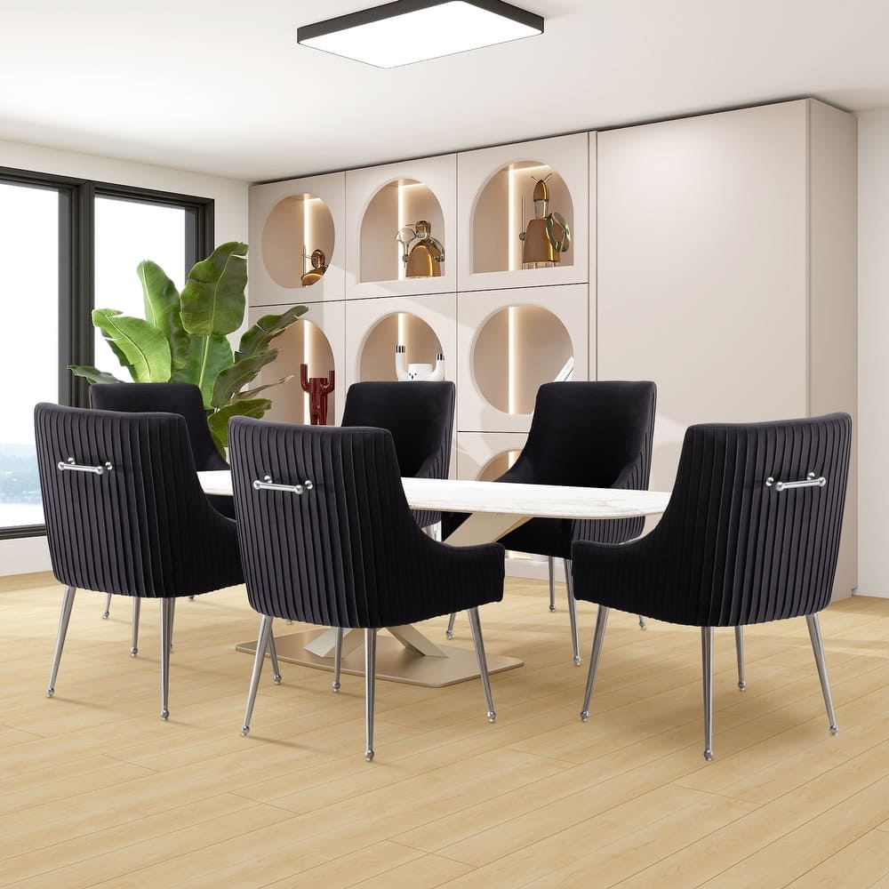 SEYNAR Modern Velvet Pleated Finish Back Dining Chair Set of 6 with Rear Handle