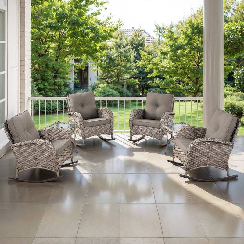 Gymojoy Outdoor Wicker Patio Furniture Chair Set Weather-Resistant - Grey Wicker / Grey Cusion - 6-Piece - Rocking Chair
