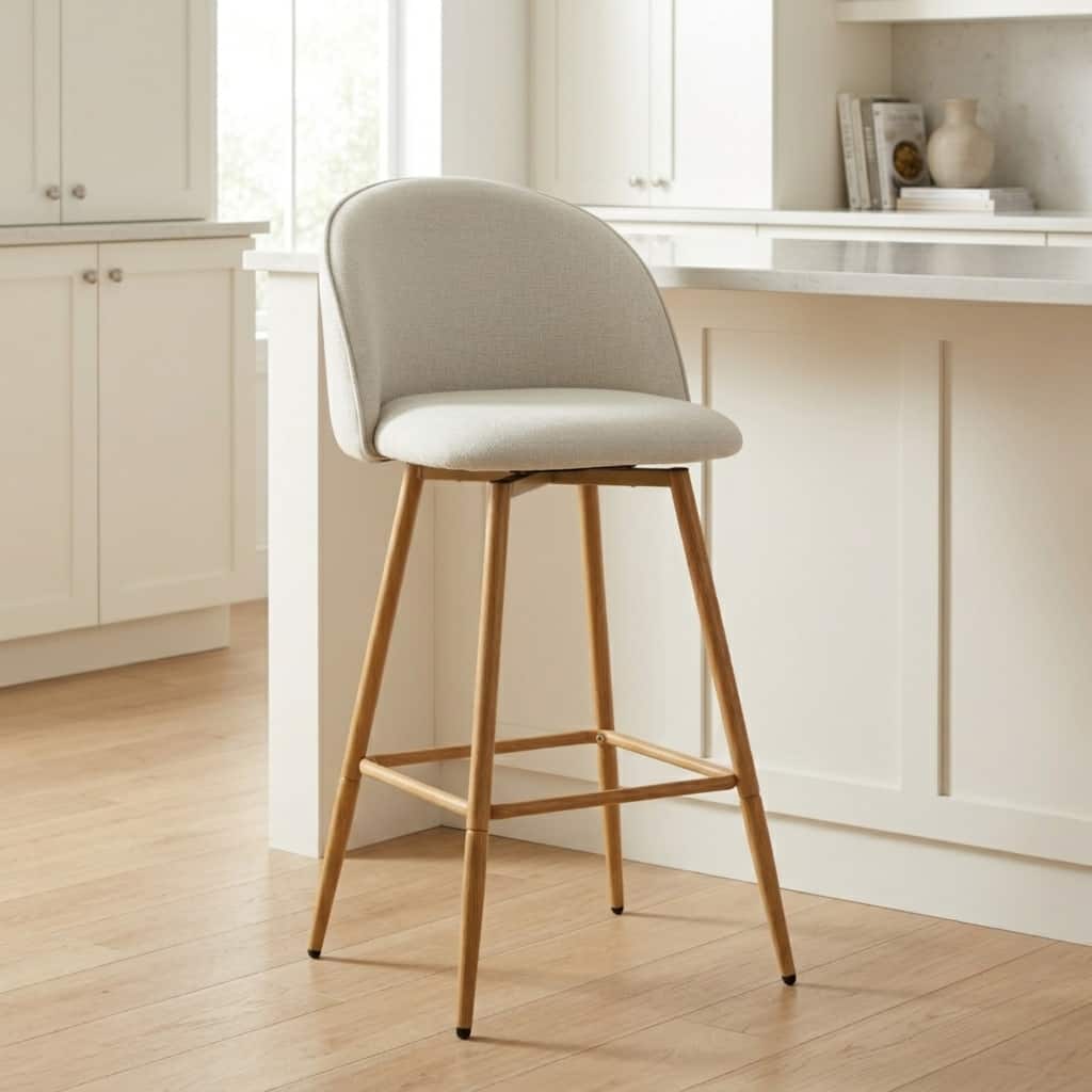FurnitureR Upholstered Swivel Counter Stool with Curved Back and Oak-Look Metal Legs.