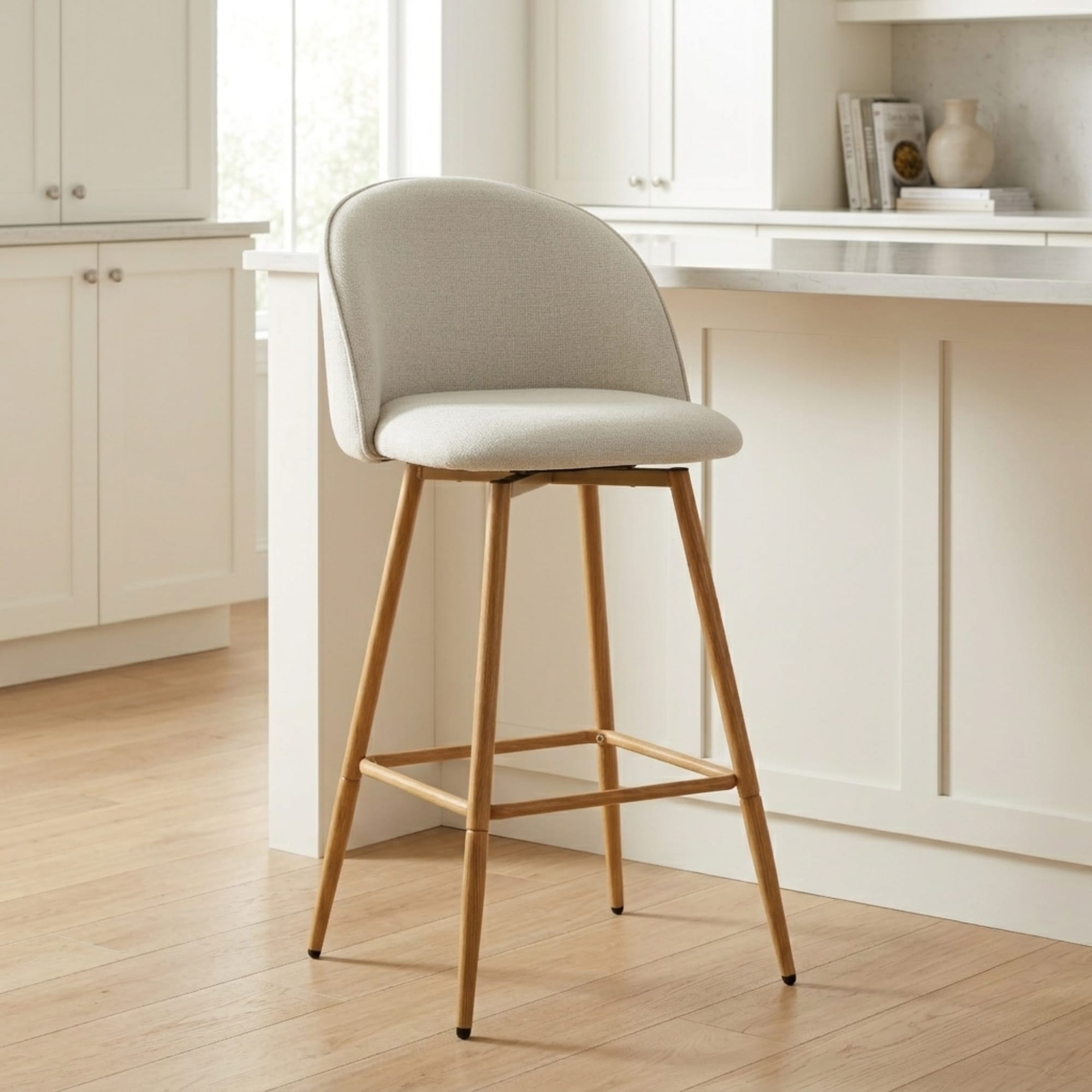 FurnitureR Upholstered Swivel Counter Stool with Curved Back and Oak-Look Metal Legs.