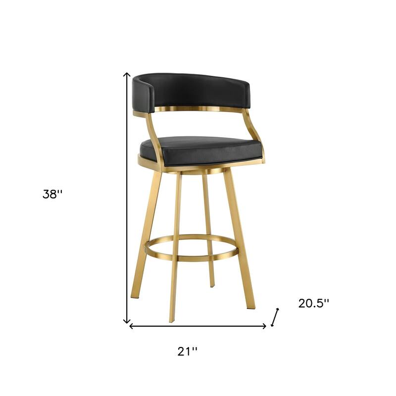 HomeRoots 26" Black and Gold Faux Leather and Stainless Steel Low Back Counter Height Swivel Bar Chair