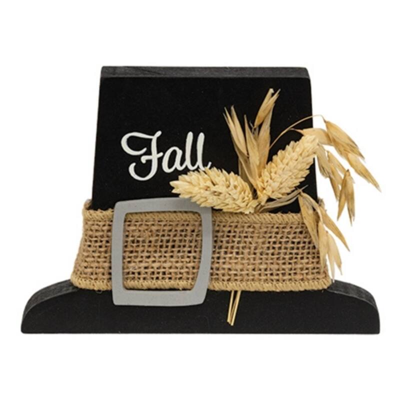 Fall Pilgrim Hat Chunky Wood Sitter Rustic Autumn Decor - 5.25" x 0.75" x 4" - Black-Grey-Natural-White