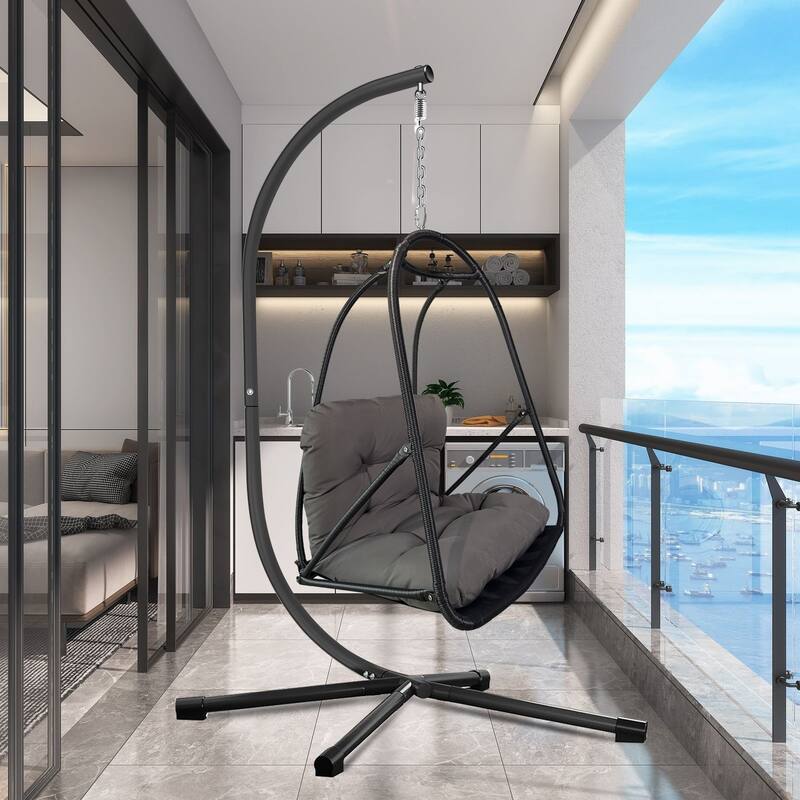 Swing Egg Chair with Stand Wicker Rattan Patio Basket Hanging Chair