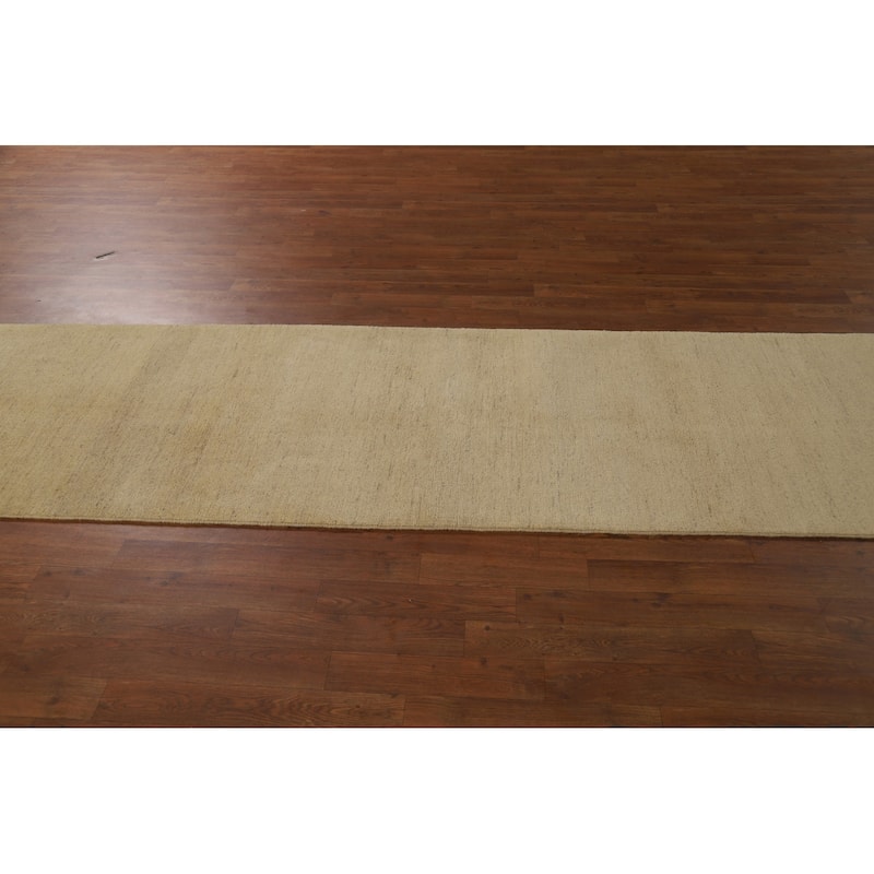Modern Muted Yellow Gabbeh Runner Rug Hand-Knotted Wool Carpet - 2'8" x 9'8"