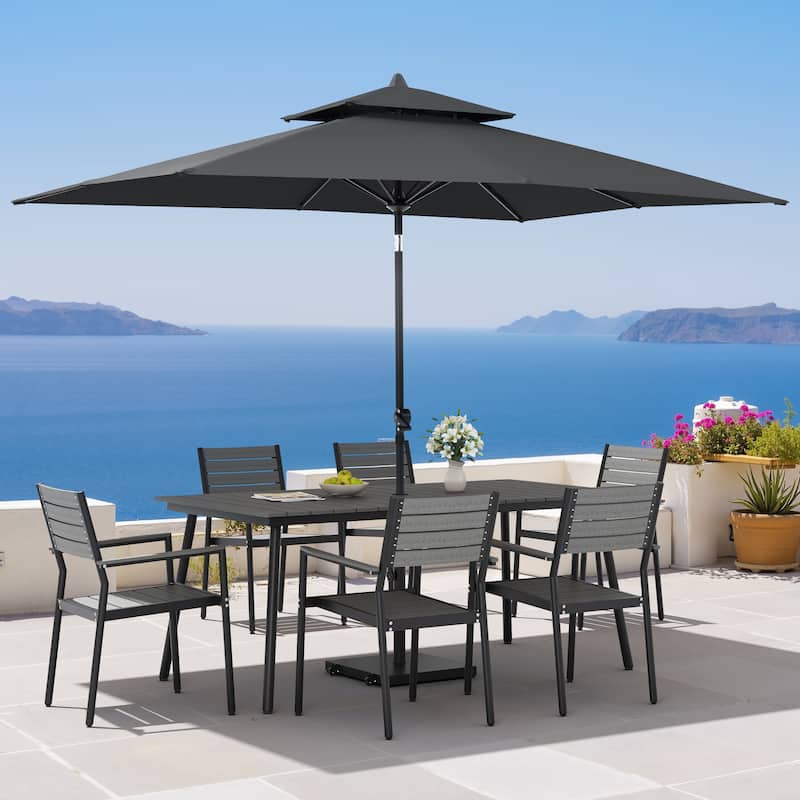 9PC Outdoor Patio Dining Set Wood-Like Aluminum Table with Stackable Armchairs,Double Top Market Umbrella and Wheel Base - GreyTable&GreyChairs&BlackUmbrella