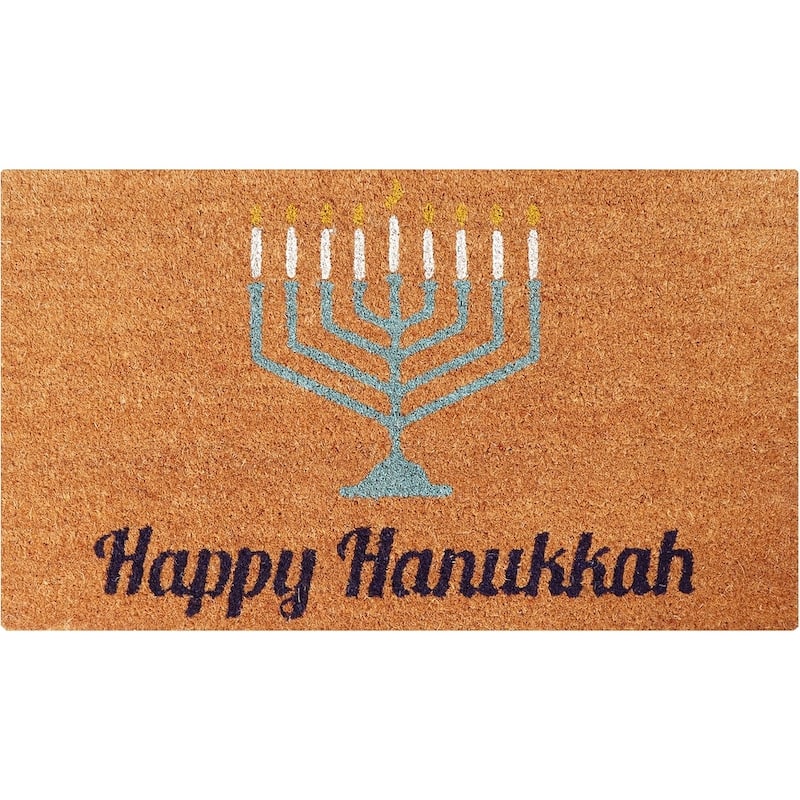 A1HC Natural Coco Coir Door Mat with Heavy Duty Non-Slip PVC Backing - 18" x 30" - Hanukkah Blue