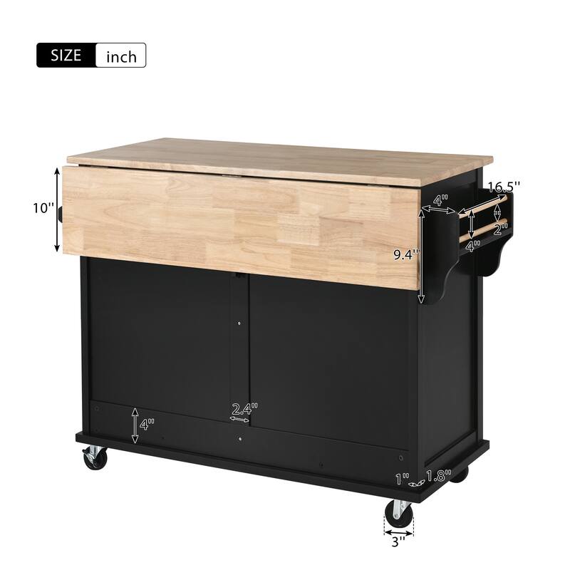 52.20'' Rubberwood Kitchen Cart with Drop-leaf, Sliding Door, Adjustable Shelf, Removable Wheels and 2 Drawers