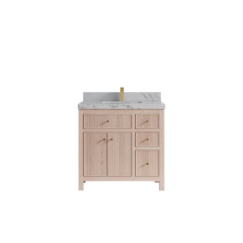 Willow Collections 36 x 22 Sonoma Oak Wood Center Sink Left Bathroom Vanity with Quartz or Marble Countertop - 2"Venatino Quartz - White Oak