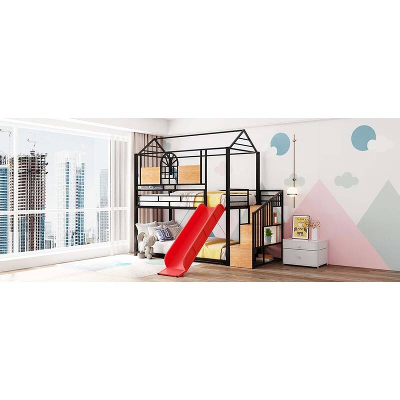 Metal Housebed Bunk Bed with Slide & Storage Stair