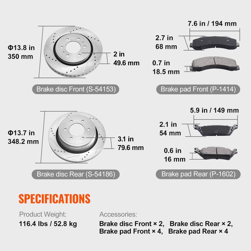 Front and Rear Brake Kit Drilled and Slotted Brake Rotors Ceramic Brake Pads Replacement
