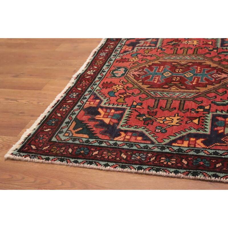 Hand Knotted Oriental 100% Wool Carpet Traditional Geometric Oranges & Rust Heriz Runner Rug - 12' 4'' X 3' 1''