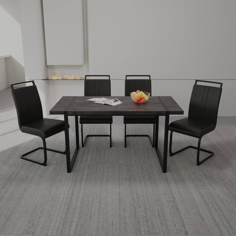 5-Piece Farmhouse Dining Set with Metal Frame, Leather Upholstered Dining Chairs Black Rectangular Side Table