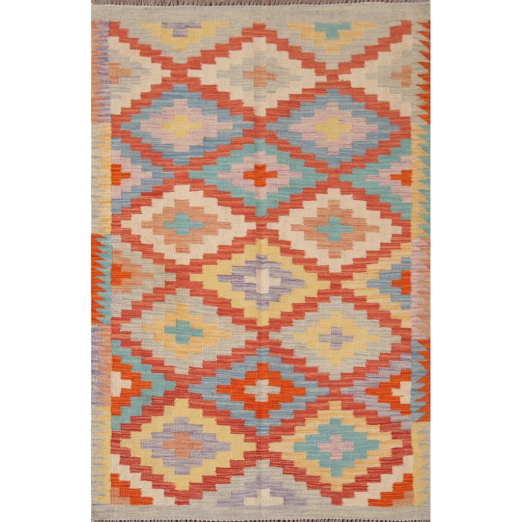 Reversible Kilim Rug Hand-Woven Foyer Wool Carpet - 3'3"x 4'11"