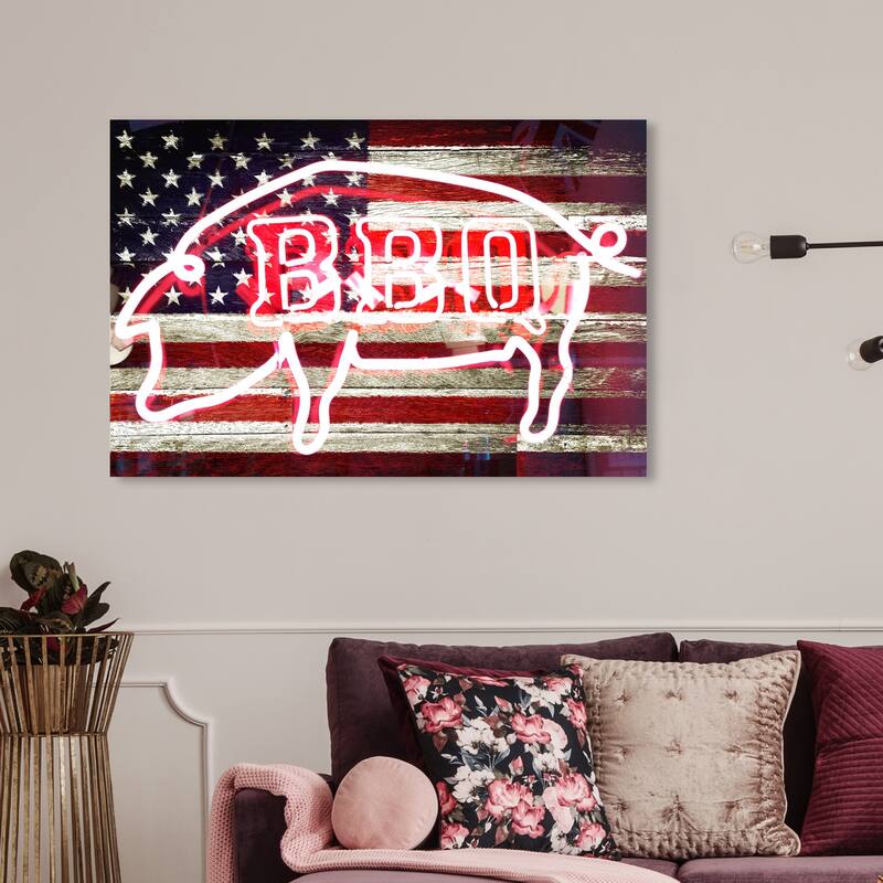 Wynwood Studio 'BBQ Pig' Americana and Patriotic Wall Art Canvas Print US Flags - White, Blue - 36 x 24