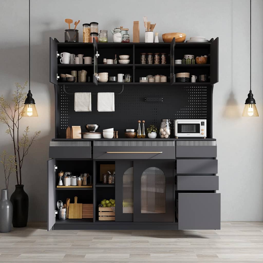 63" Freestanding Buffet Hutch with Power Outlet, 6 Drawers, 5 Cabinets, Adjustable Shelves & Coffee Bar Storage