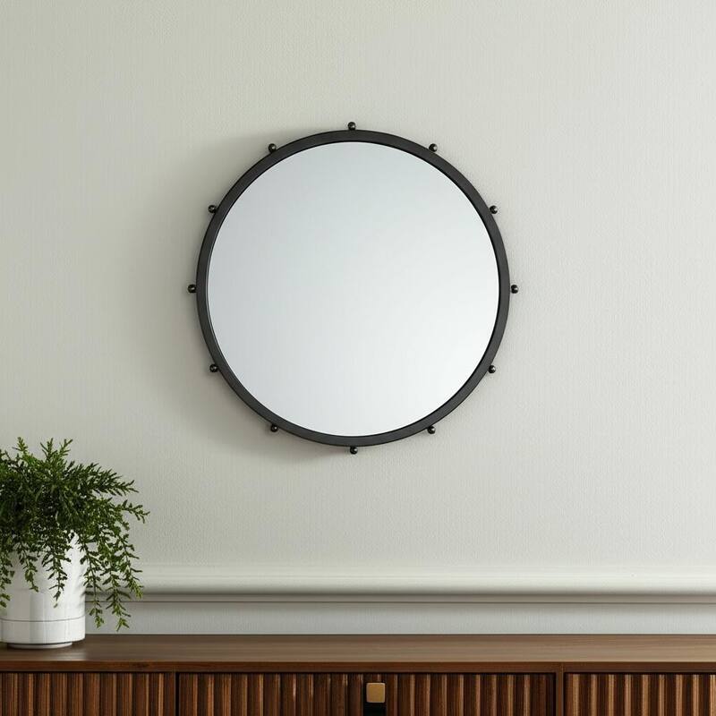 HomeRoots 25" Black Metal Beaded Round Framed Accent Mirror - 25.20 in. x 25.20 in. x 1.18 in. - 25.20 in. x 25.20 in.  x 1.18 in.