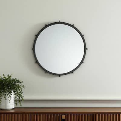 HomeRoots 25" Black Metal Beaded Round Framed Accent Mirror - 25.20 in. x 25.20 in. x 1.18 in.