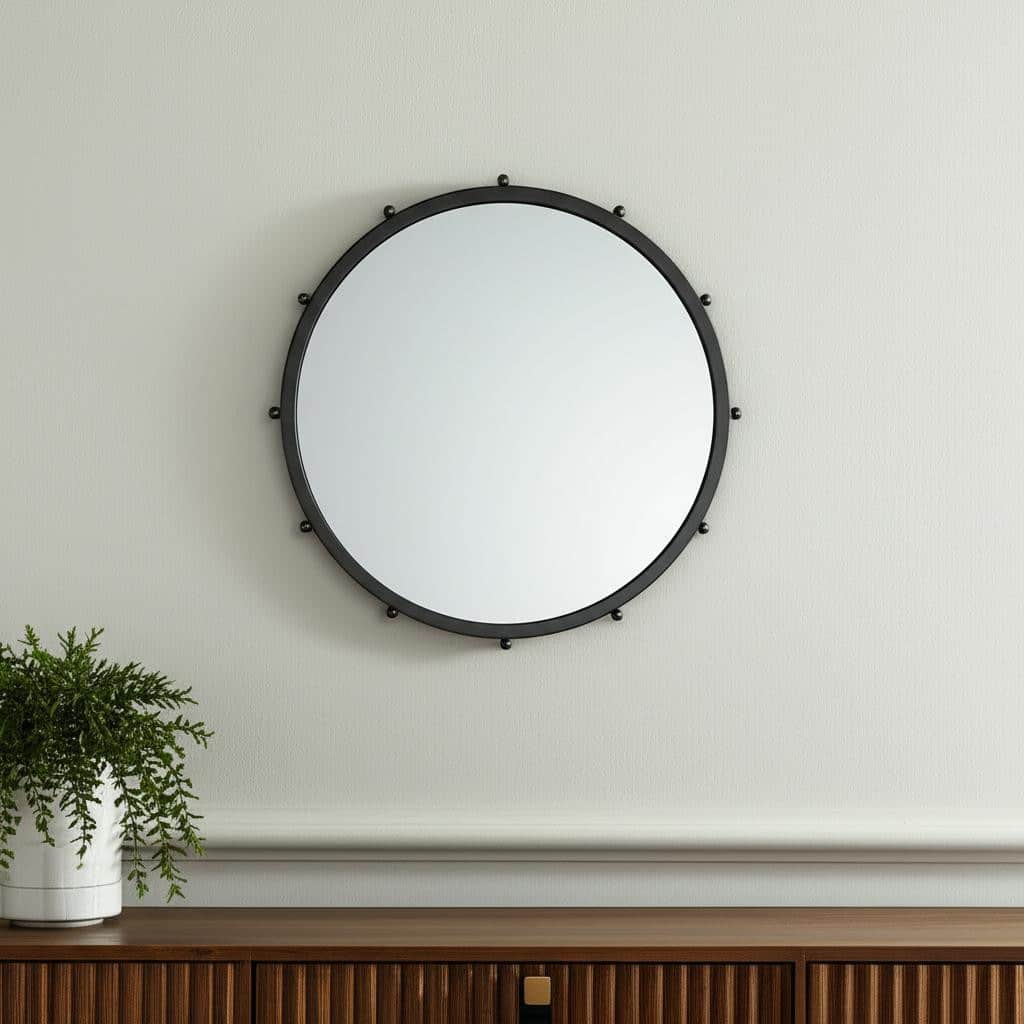 HomeRoots 25" Black Metal Beaded Round Framed Accent Mirror - 25.20 in. x 25.20 in. x 1.18 in.