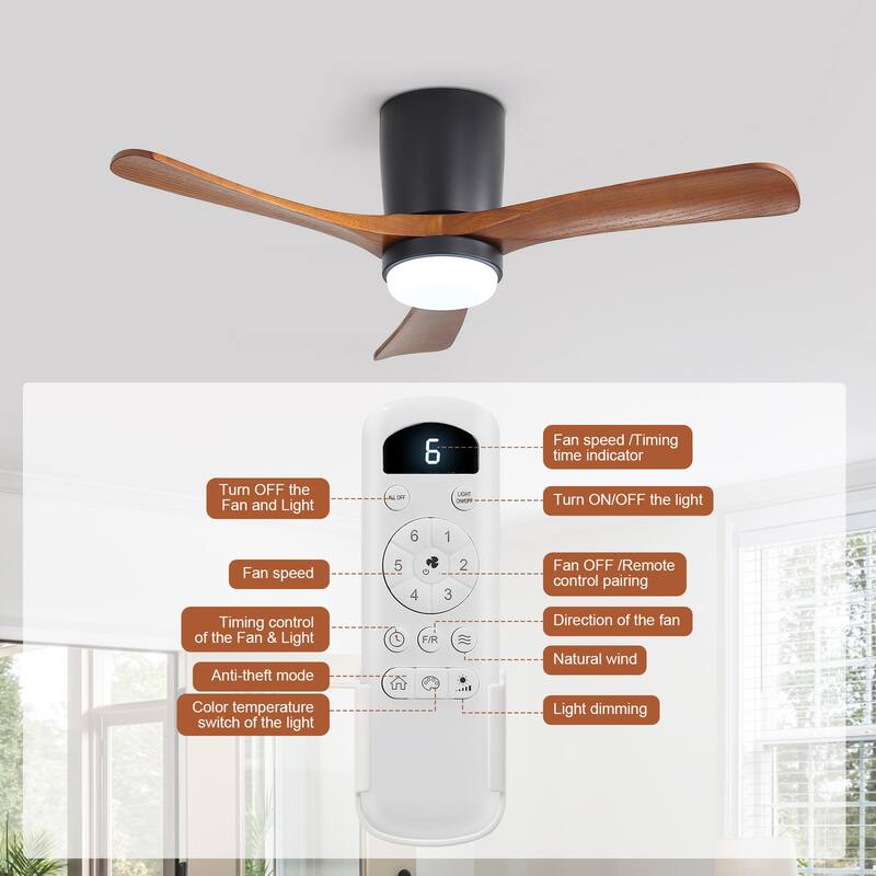Sofucor 42“/52"/60"/48" Noiseless Walnut Wood Ceiling Fan with Remote Control, Integrated Light Optional
