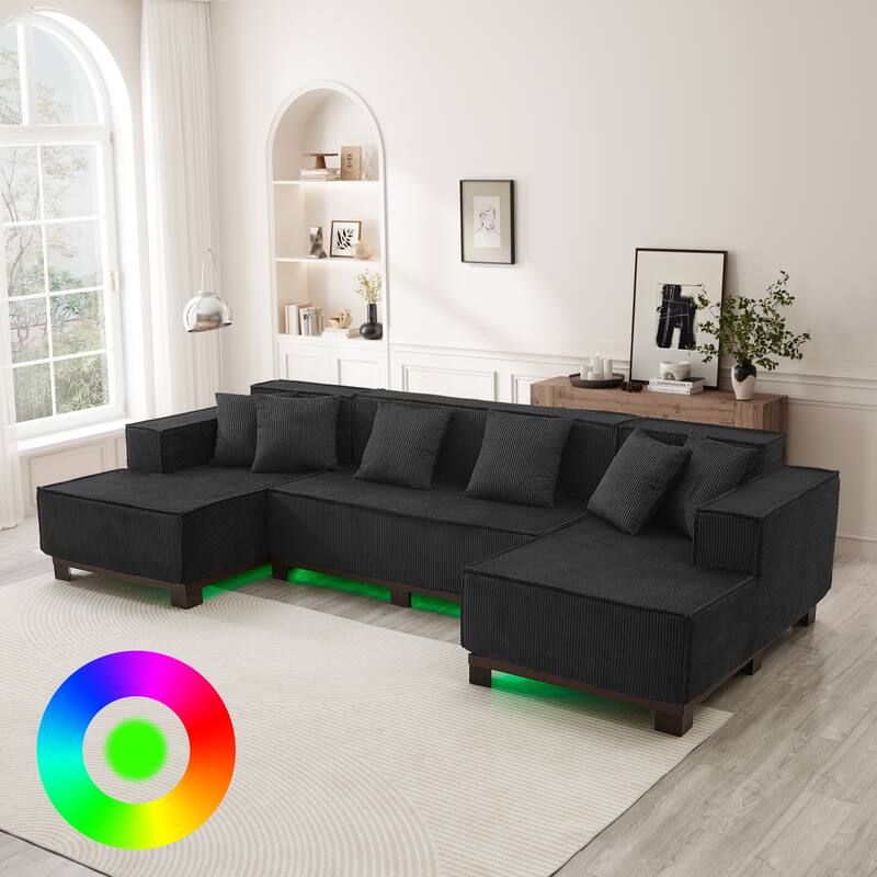 Roomfitters 130 Inch Modern U-Shaped Sectional Sofa with RGB LED Lights and 6 Pillows, Corduroy