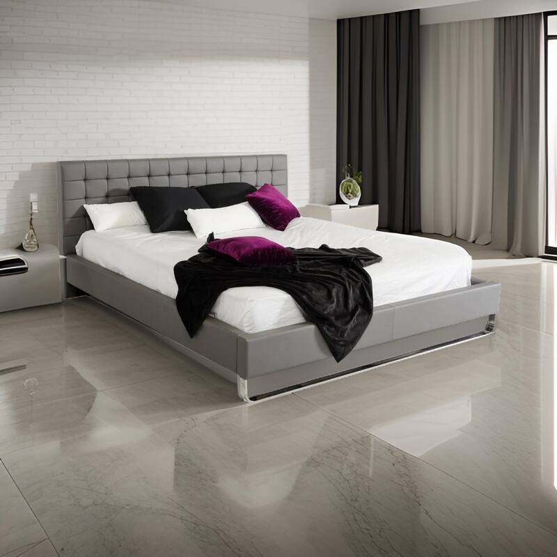 Ani King Size Platform Bed, Plush Tufted Gray Faux Leather Upholstery
