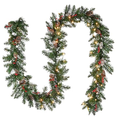National Tree Company 9' x 10" Glittery Mountain Spruce Garland 50 Clear Lights - 9 ft