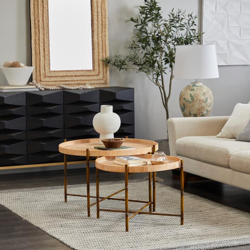 Rattan Nesting Accent Table with Metal Bamboo Inspired Legs - Set of 2 Brown - Roche River Decor - 32"W x 32"L x 20"H