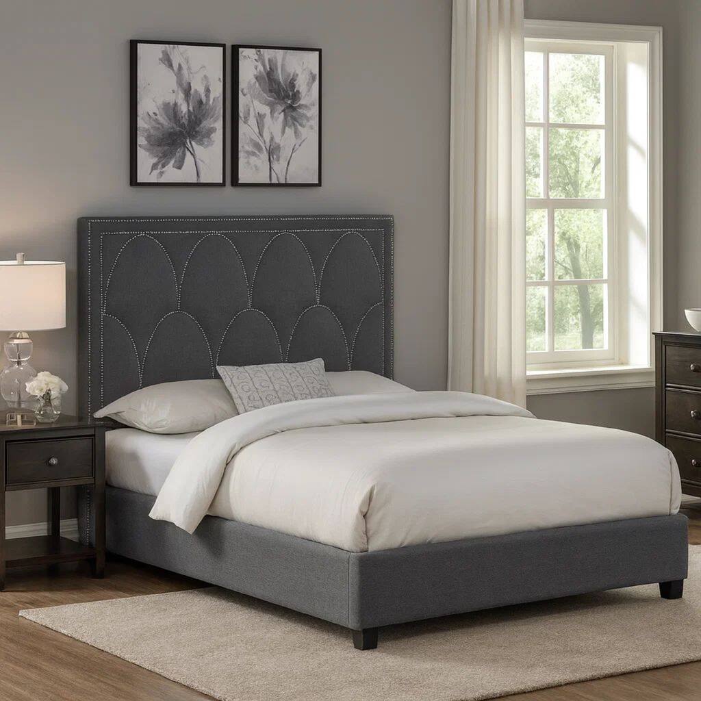 Bima Foam King Panel Bed, Nailheads on Scallop Headboard, Gray Upholstery