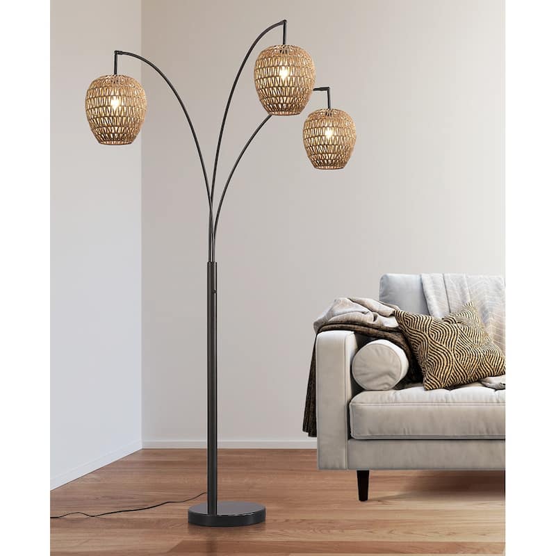 HOMEGLAM 83" 3-Light Oval Woven Rattan Arched Floor Lamp