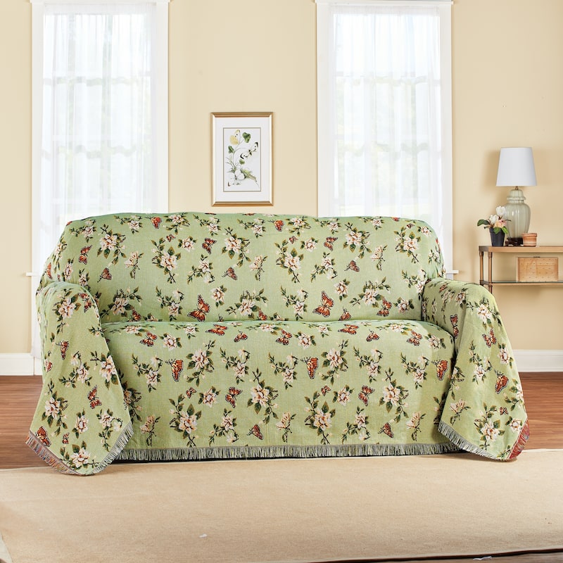 Botanical Butterfly Fringe Border Furniture Throw - Loveseat