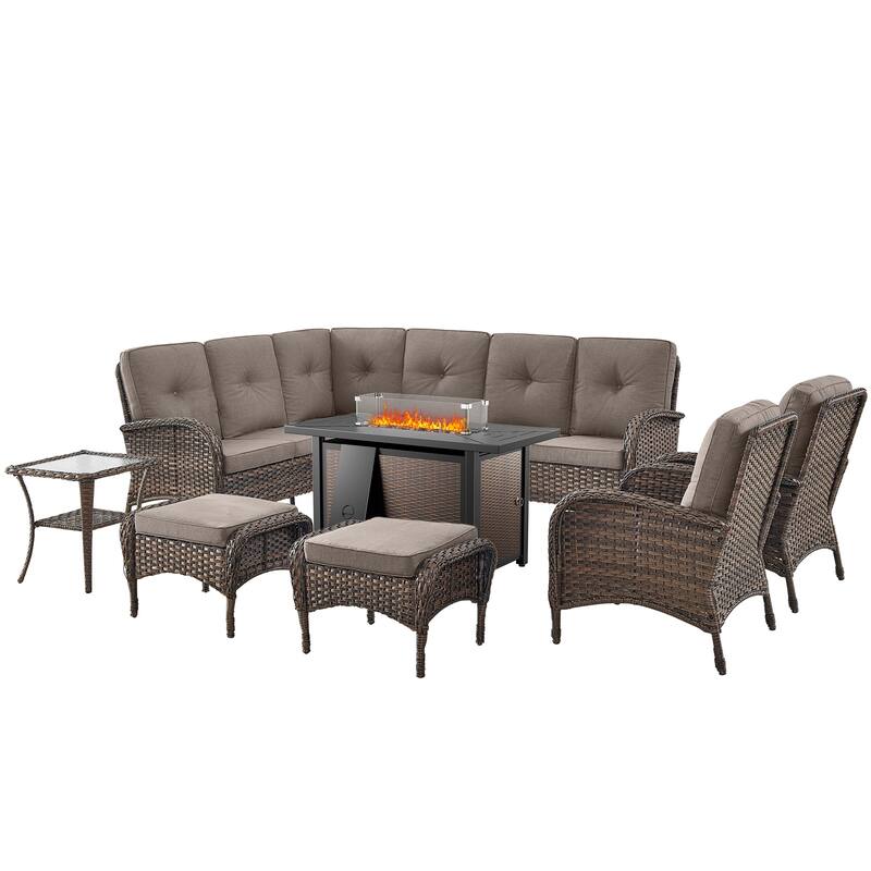 Outdoor Sectional Sofa Chairs Ottomans with Fire Pit Table -Grey - Brown