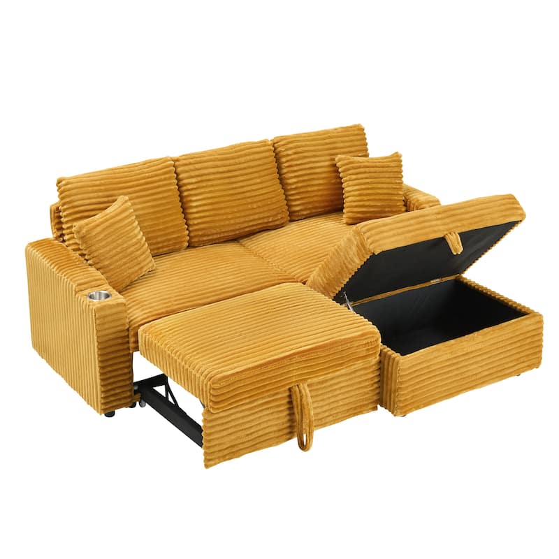 80-Inch Orange Corduroy Foldable Sofa with Cup Holders and Footrest
