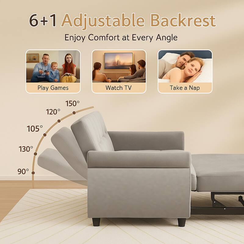 Minimalist Sofa Bed with 7-Position Adjustable Backrest, Convertible Sofa Loveseat with Sturdy Wooden Frame