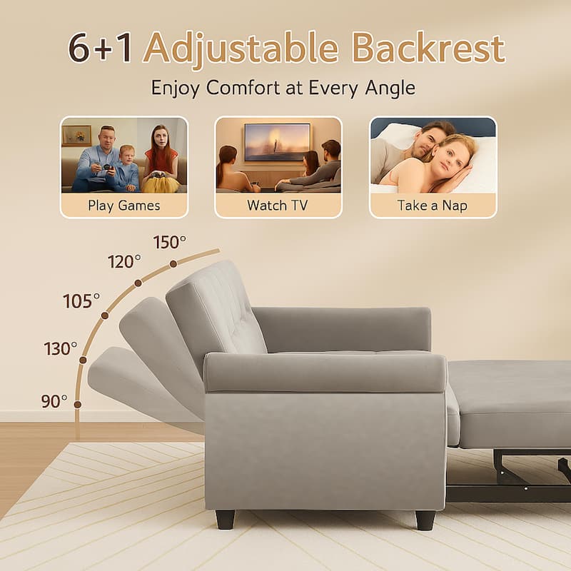 Velvet 2-Seater Sofa Bed, Pull-Out Couch Loveseat with Scroll Arms, Sleeper Sofa with Adjustable Backrest