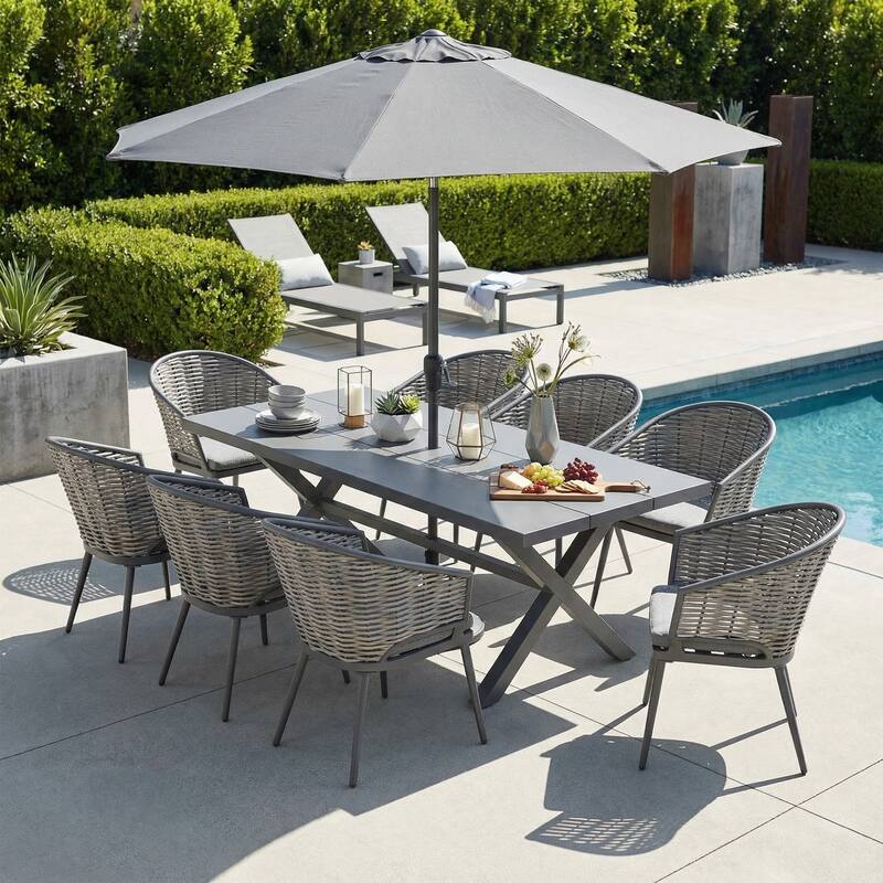 9-Piece Aluminum Outdoor Dining Set with PE Rattan Chairs - Grey