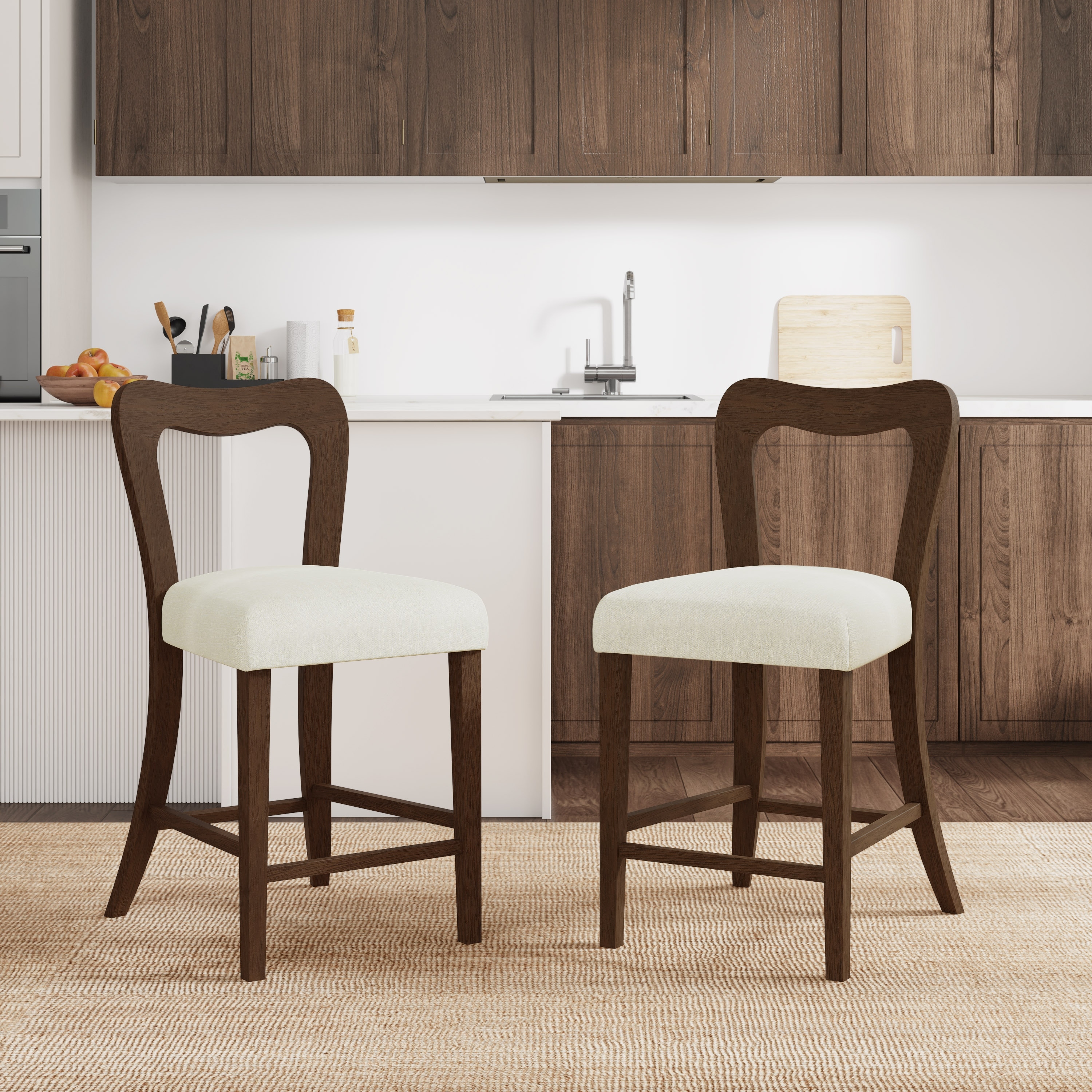 Set of 2 Walnut Counter Stools with Upholstered Seats, Rubberwood Frame, Armless Bar Height Stools