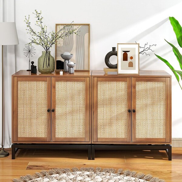 Eureka Accent Storage Cabinet Boho Farmhouse Rattan Sideboard Buffet with Doors and Shelves Wooden Cupboard Console Table On Sale Bed Bath Beyond 36530078