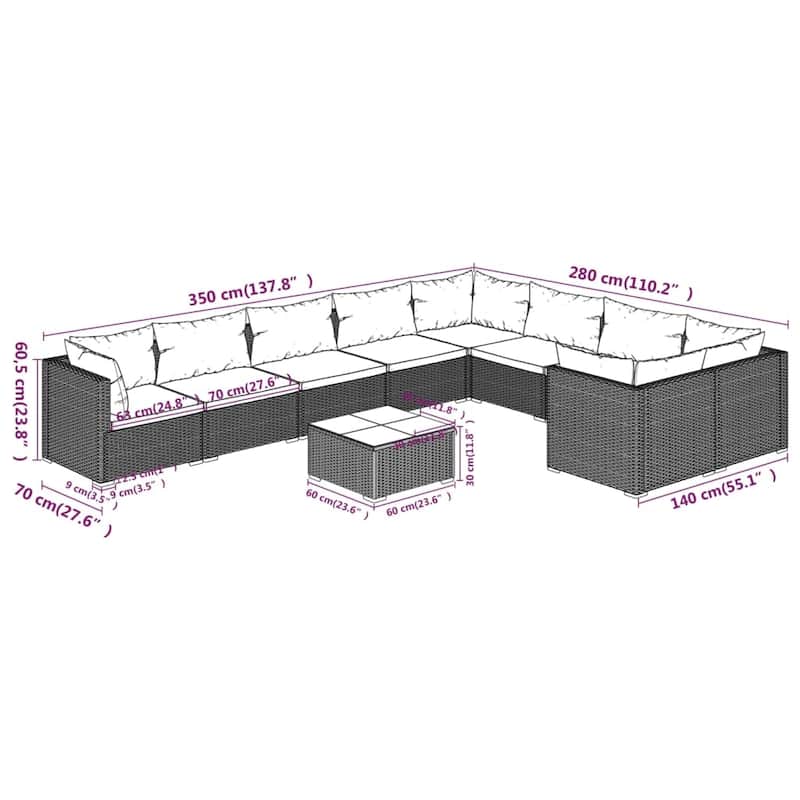 vidaXL Patio Lounge Set Outdoor Sectional Sofa Set Table Garden Poly Rattan - 27.6" x 27.6" x 23.8"