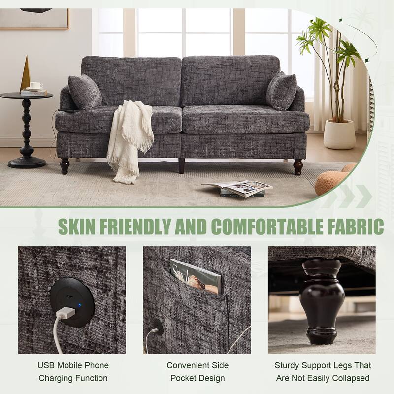 Modern Style Chenille 2-Seater Wood-Legged Sofa With Led Light,USB Charging Port And Storage Bag Living Room Bedroom Study Room