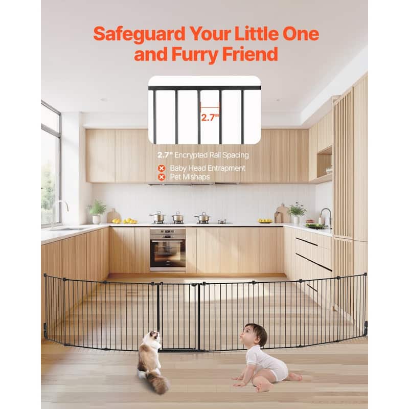 28-Inch-High Adjustable Black 8 Panels Steel 192 Wide Baby Gate Secure for Babies or Pets - 192"W x 28"H